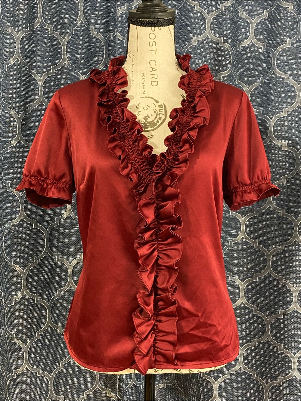 The Limited Burgundy Satin Ruffled V-Neck Blouse